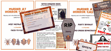 Some of the party game kit provided with our 'Murder at Horror Castle' game