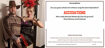 Left = photo from Amanda's Wild West party; right = extracts from the Wild West Accusation Sheet in the Party Booklets showing the Optional Extra Help 