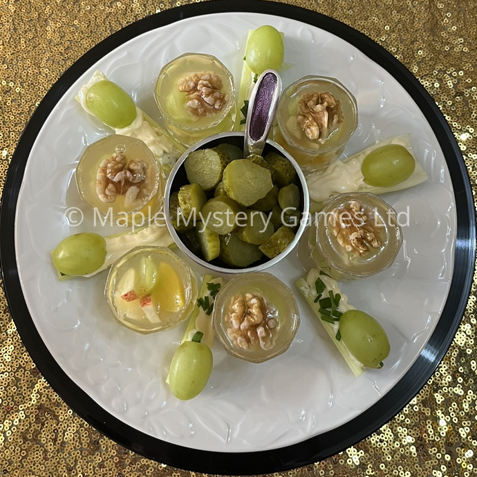 1920s-style canapies: ginger ale salad served in shot glasses; cucumber and cheese canapes.