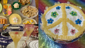 Food and drink from different parties for our 60s murder mystery. Top-left photo = fab buffet. Bottom-left photo = cocktails. Right photo = cheesecake decorated with the peace sign and edible rice paper flowers.