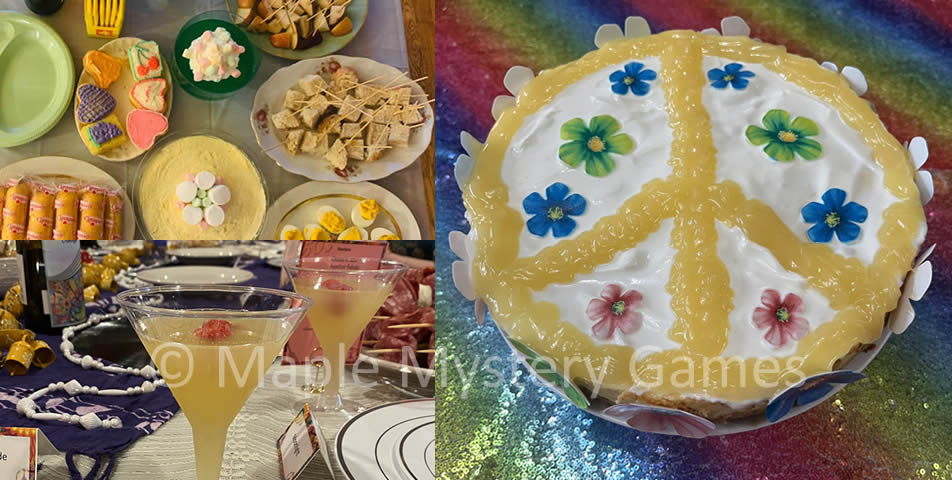 Food and drink from different parties for our 60s murder mystery. Top-left photo = fab buffet. Bottom-left photo = cocktails. Right photo = cheesecake decorated with the peace sign and edible rice paper flowers.