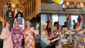 Costumes for two different 60s murder mystery parties. Left: all-female group standing on a staircase. Right: weekend party at a beach house.