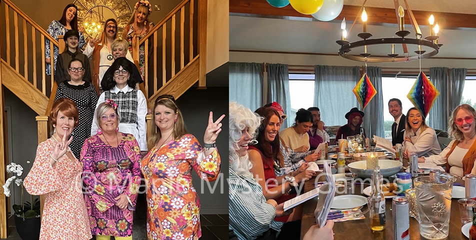 Costumes for two different 60s murder mystery parties. Left: all-female group standing on a staircase. Right: weekend party at a beach house.