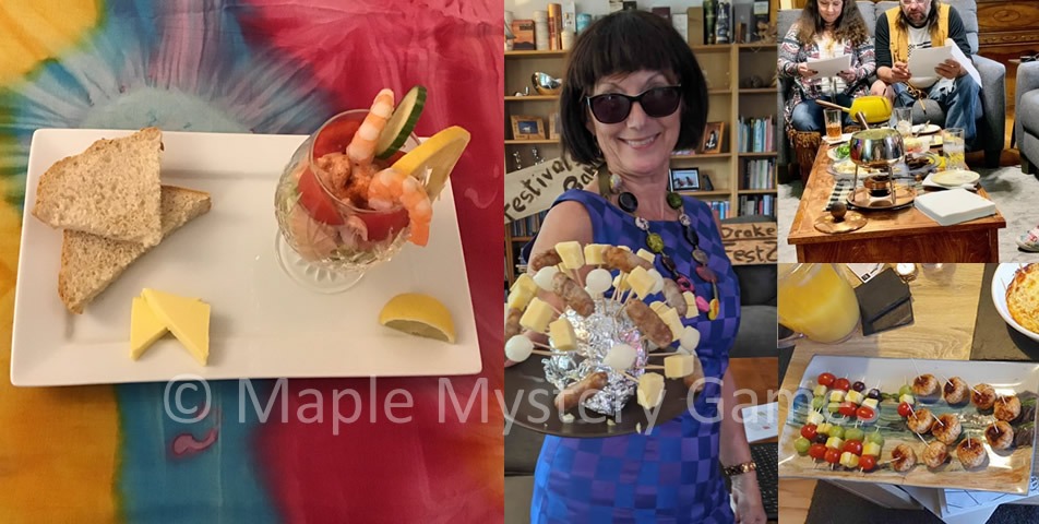 Starters and canapes for our 60s mystery game. Left photo = prawn cocktail starter. Middle photo = cheese and pineapple on sticks. Top-right: cheese fondue. Bottom-right: cheese and pinapple on sticks and miniature meatballs.