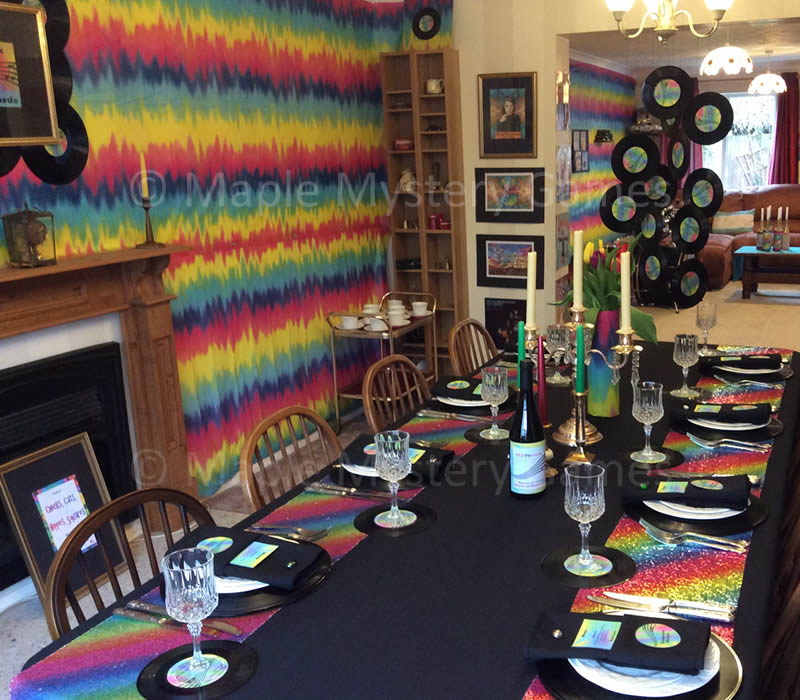 60s murder mystery - psychedlic decorations for table, dining room and lounge