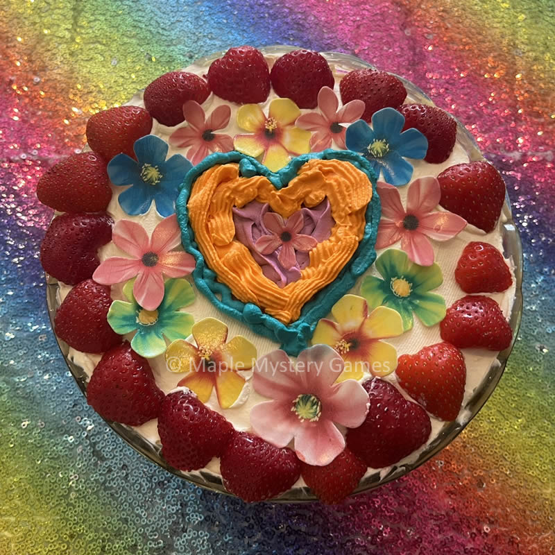 Trifle decorated 60s style with hearts and edible flowers