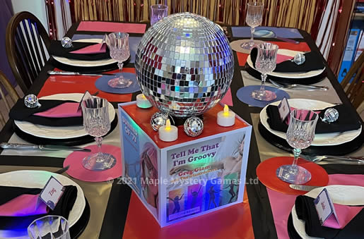 70s Disco murder mystery party - table setting for At Home version 
