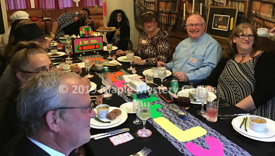 90s murder mystery dinner table guests with a manor house background