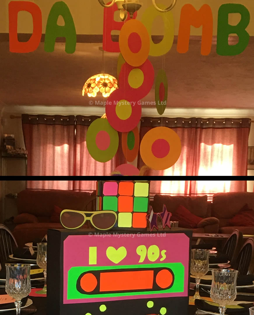 1990s centerpiece for party table: 90s cassette, Rubiks Cube and Single Record mobile all made out of neon card