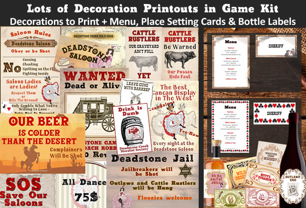 Example of ‘Murder in the Wild West’ game kit decoration printouts and menu, place setting cards and editable food labels.