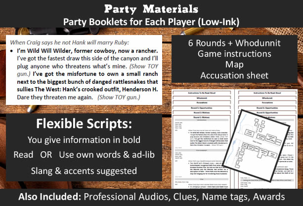 Example of a character's Party Booklet given for ‘Murder in the Wild West’ with an explanation of our flexible scripts; example show is Will’s booklet.