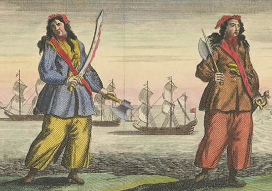 Anne Bonny and Mary Reid: a colourised engraved print by Benjami Cole