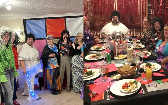 0s disco murder mystery party - at home version; group photo and dinner table