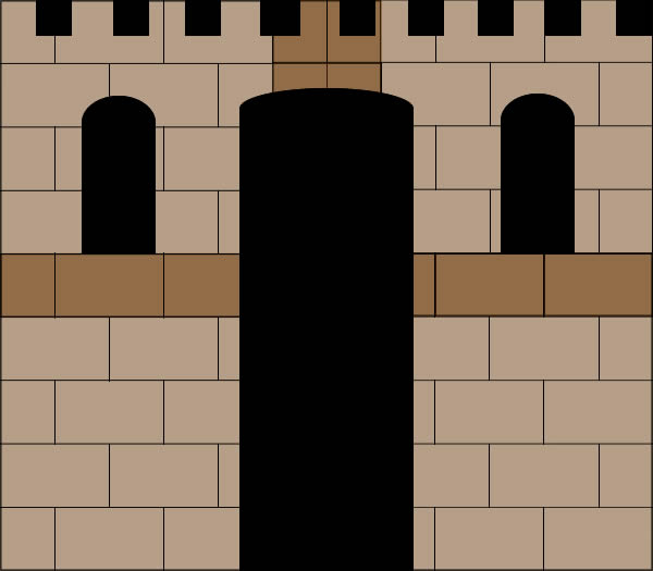 Diagram showing arrangement of bricks,t he overlapping of cardboard and the placement of windows, door and turrets