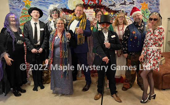 XMAS party - group photo; from left = Sleigh, Max, Snow, Rudolph, Polly, Carol, Rafe, Rosa; front row = Lady Ivy and Major