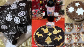 Christmas party desserts: photos from the top-left = Yule Log, mince pie, trifle decorated with stars, reindeer cookies