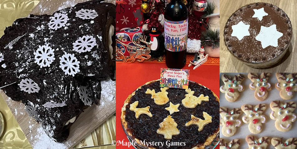 Christmas party desserts: photos from the top-left = Yule Log, mince pie, trifle decorated with stars, reindeer cookies