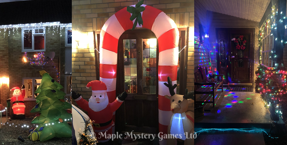 Adrian's wonderful party entrance features large inflatable Santas, a Christmas tree and reindeer; light projections onto the house, a candy cane inflatable archway and fairy lights.