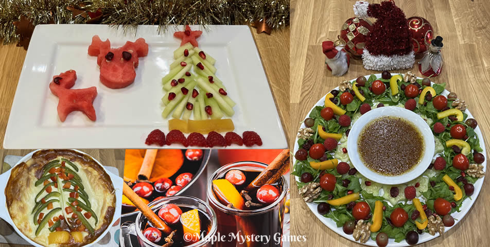 Food for our 'Murder at the Chrsitmas Party': photos from the top left = trio of melon with reindeer and a Christmas tree, lasagna with a Christmas tree made out of peppers, festive punch, festive wreath