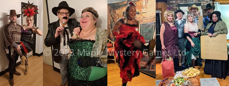 Examples of customer costumes: cowboys, saloon ladies, CanCan dancer, group photo