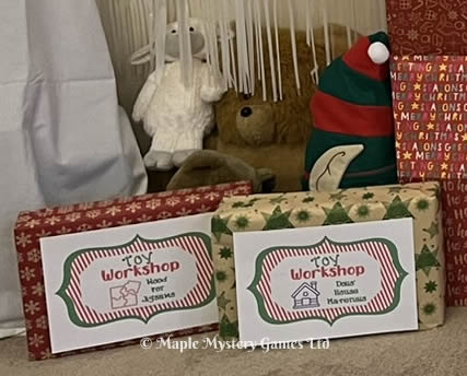 'Crates', elf hat and teddy bear decorations