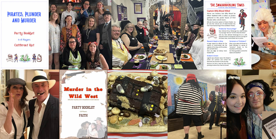 Customer murder mystery party photos and selected game kit materials