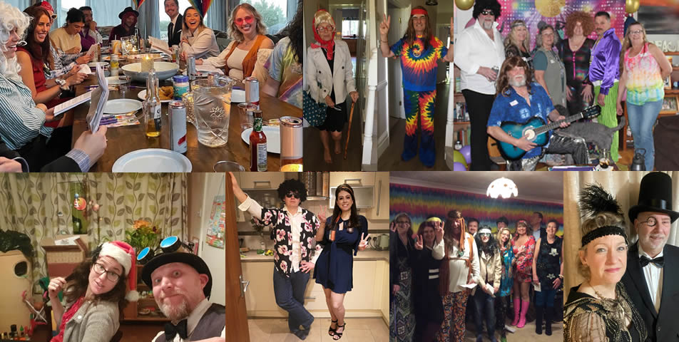 A collage of customer murder mystery party photos