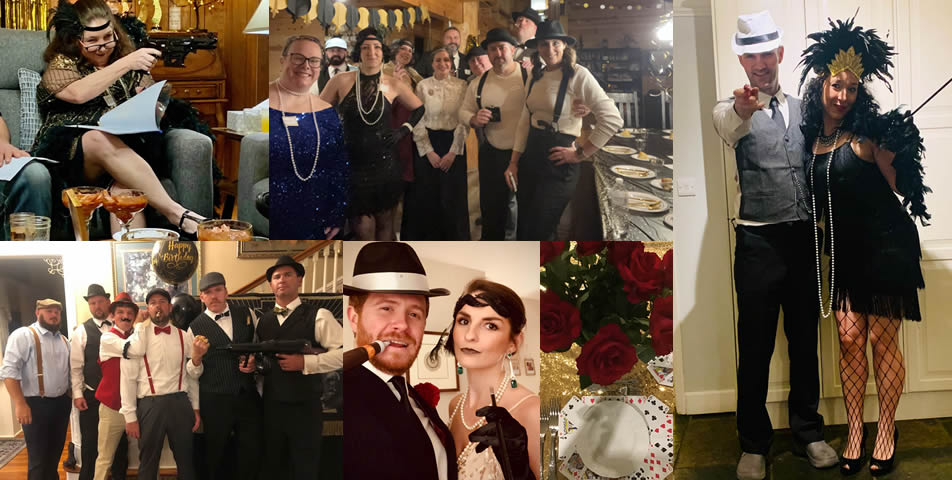 A selection of photos from different customer parties for our 1920s speakeasy murder mystery game