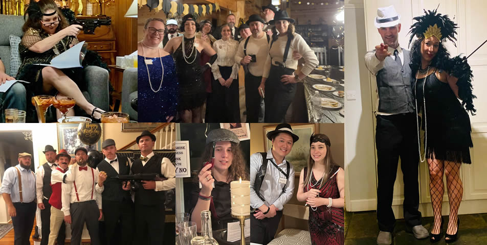 A selection of photos from different customer parties for our 1920s speakeasy murder mystery game