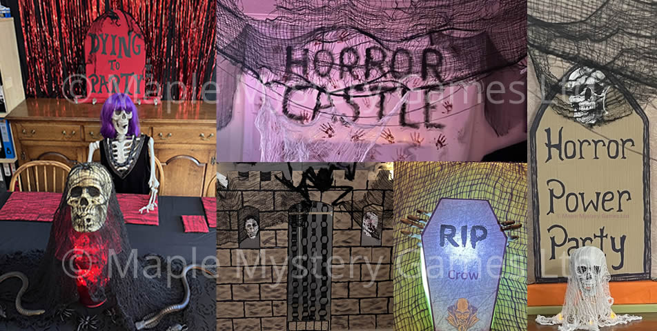 Decorations from our horror murder mystery test parties and also from our post-party photos. Left = skull table centerpiece with a skeleton and gravestone decoration with the words "Dying to Party" on the gravestone. Bottom center photos = large horror castle that formed the focal point of our party and also a coffin place setting for guests. Other photos are from our party decor.