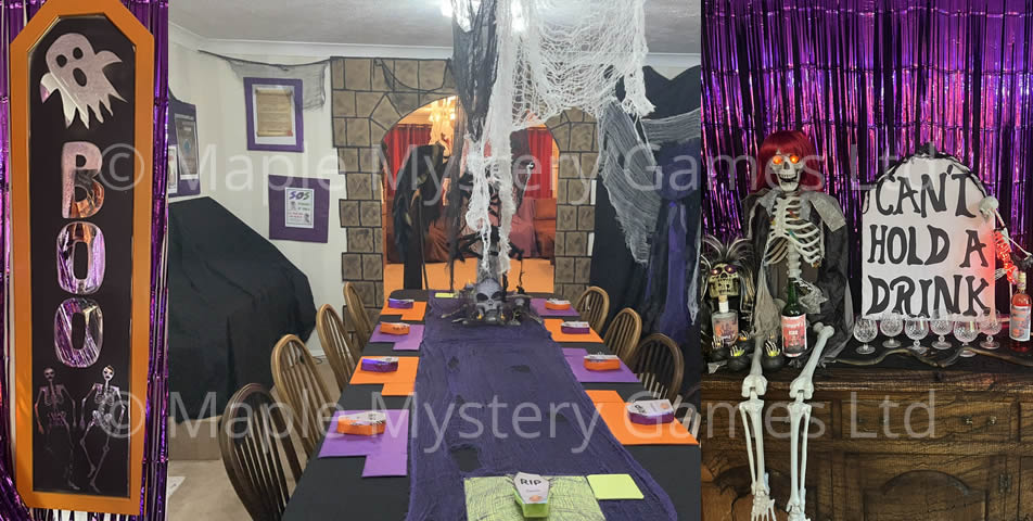 Decorations from our horror and Halloween murder mystery test parties and also post party photos. Left = Boo ghost mirror. Center= Horror Castle entrance behind the dinner table. Right =. Skeletons and a gravestone decoration with the words 