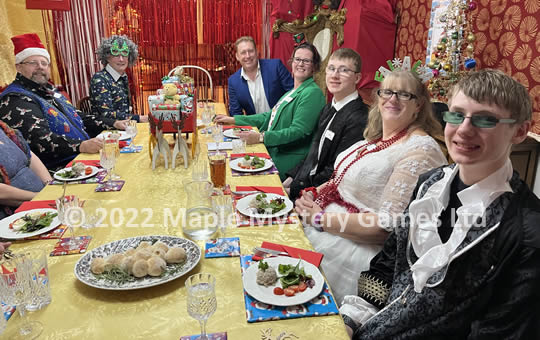 Dinner table for our festive mystery; guest from right = Snow, Carol, Max, Polly, Rudolph, Noel and Rafe