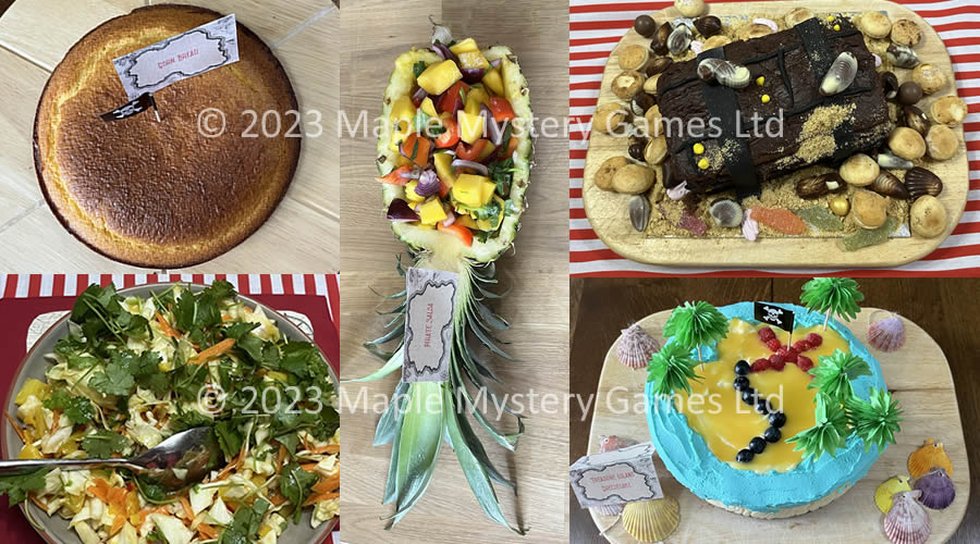 Food for our pirate murder mystery party. From top-left: cornbread, mango salsa in a pineapple boat, chocolate treasure chest cake, Caribbean spicy coleslaw, tropical treasure map cheesecake.