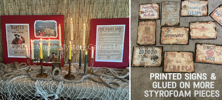 Left photo: pirate printouts are framed on a piece of cardbard covered in red material. Right photo: printouts are distressed and placed on styrofoam