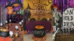 A selection of decorations for our Halloween murder mystery party: dining table decor with cauldrons and witch's hats; lounge decor with large cauldron and skeleton witch; skeleton sitting next to a gravestone decoration