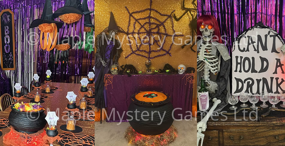 A selection of decorations for our Halloween murder mystery party: dining table decor with cauldrons and witch's hats; lounge decor with large cauldron and skeleton witch; skeleton sitting next to a gravestone decoration