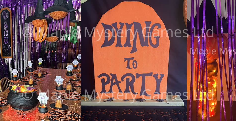 A selection of decorations for our Halloween murder mystery party: dining table decor with cauldrons and witch's hats; gravestone decoration with the words 