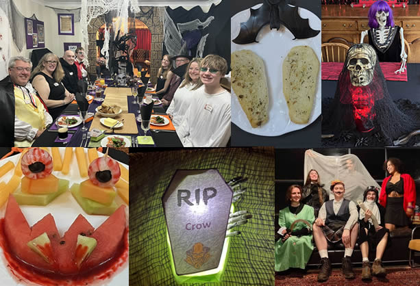 Different party photos for Murder at Horror Castle - guests, food and decorations