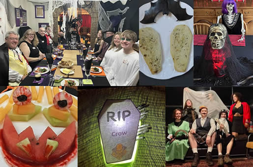 Different party photos for Murder at Horror Castle. From top-left: dinner table with guests, garlic bread in the shape of coffins, a skull and skeletons, a trio of melon served as a monster face, a coffin place setting, customer photos.