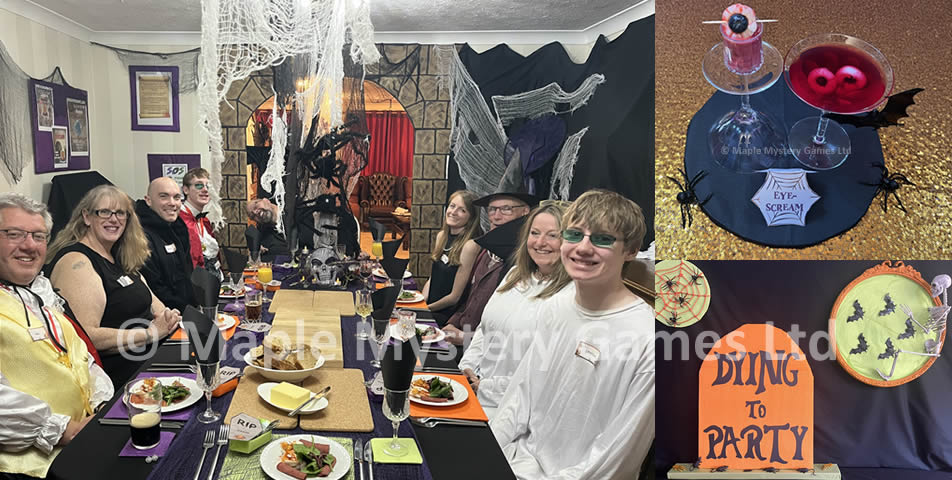 Horror murder mystery party - dinner table with party guests, dessert and decorations