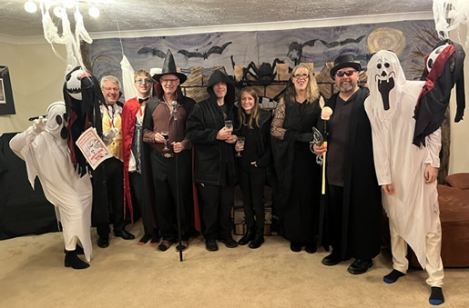 Horror murder mystery party - from left to right: Ghostie, Mac MacMoon, Drakuna, Lord Croke, Grimm Greaper, Bea Eville, Vamp, Lord Dredd and Spookie