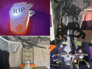 Horror party decor - a table with ghosts hanging from the ceiling, a skull and creepy cloth and a giant spider; skull mask with fake candles, a snake and creepy cloth; Horror Castle sign with bloody handprints, RIP tiramasu trifle