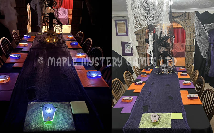 Horror party dinner table with lights down low (at night) and during daylight