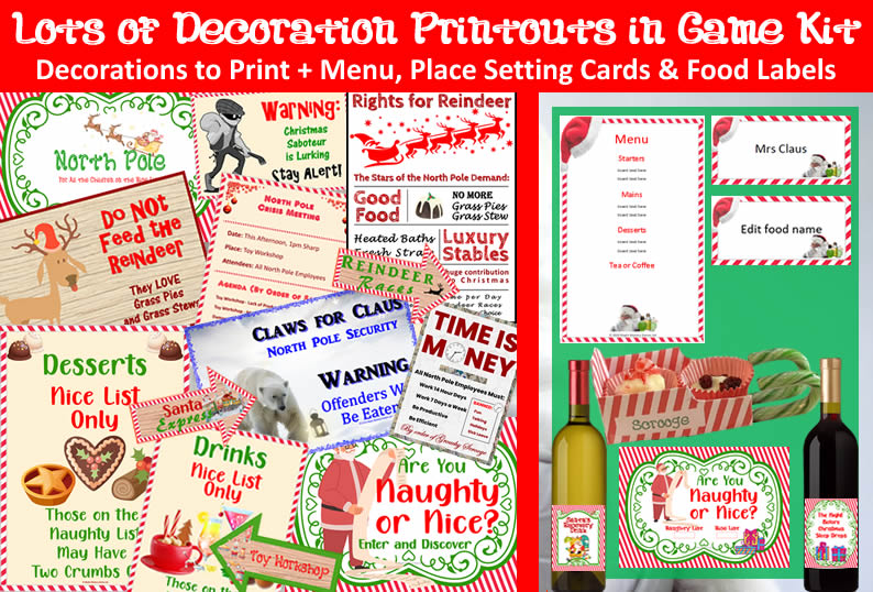 Example of 'Is Santa Slayed?' game kit decoration printouts and menu, place setting cards, place mats, wine labels and editable food labels. Also featured is the cute candy cane sleigh that can be assembled from the template provided.