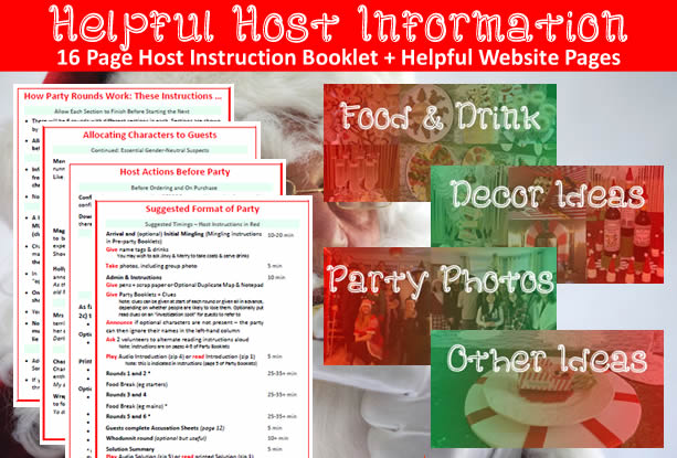 Host information provided for 'Is Santa Slayed?' = host instruction booklet and lots of helpful pages on decorations, food and drink, and party photos.