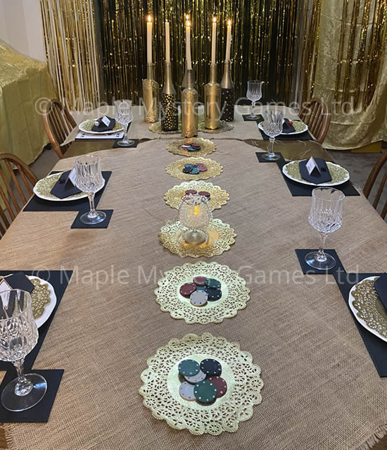 Low-end speakeasy tablescape with frayed burlap tablecloth