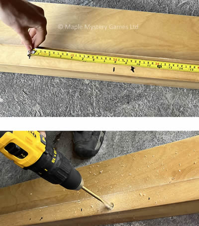 Top: measuring where vertical poles will go. Bottom: drilling holes.