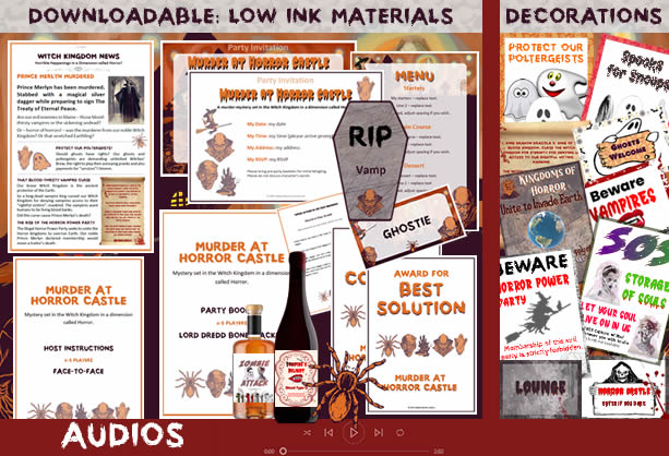 Downloadable party pack for Murder at Horror Castle includes low ink printing, decorations and audios