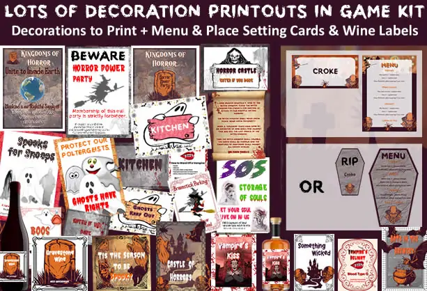 Example of Murder at Horror Castle game kit decoration printouts and also menu and place setting cards.