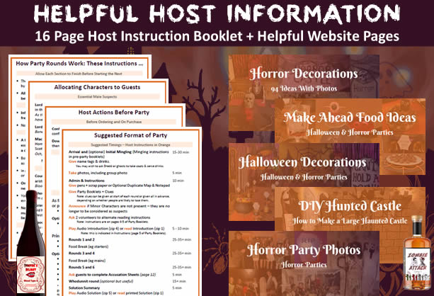 Host information provided for Murder at Horror Castle. Information included host instruction booklet and lots of helpful pages and hosting tips